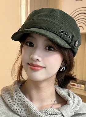 灯芯绒八角帽女秋冬新款美式复古平顶贝雷帽文艺百搭显脸小马术帽