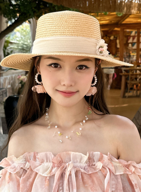 法式花戎草帽女蝴蝶结绑带平顶遮阳帽子女款2026新款夏海边防晒帽