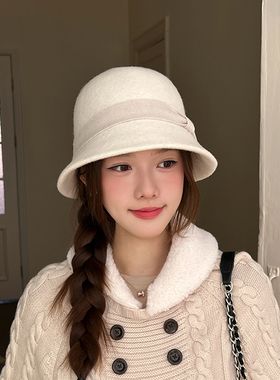 白色法式小香风礼帽羊毛呢赫本风千金帽子女秋冬2026新款渔夫盆帽