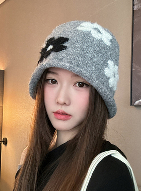 花朵针织帽子女秋冬季韩系氛围感显脸小渔夫帽防寒保暖百搭堆堆帽