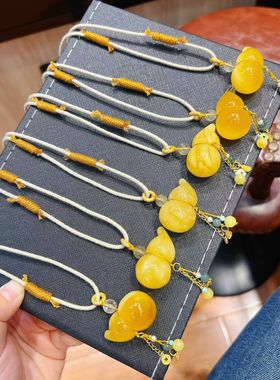 原创设计纯天然石手工编绳俄料鸡油黄蜜蜡葫芦吊坠项链中国风时尚