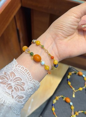 天然蜜蜡手链女新中式编织多宝青金石南红玛瑙手串多巴胺琥珀手绳