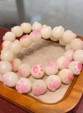 菩提根手工雕刻猫爪手串炭烤绕指柔渐变白玉男女佛珠盘玩手链念珠