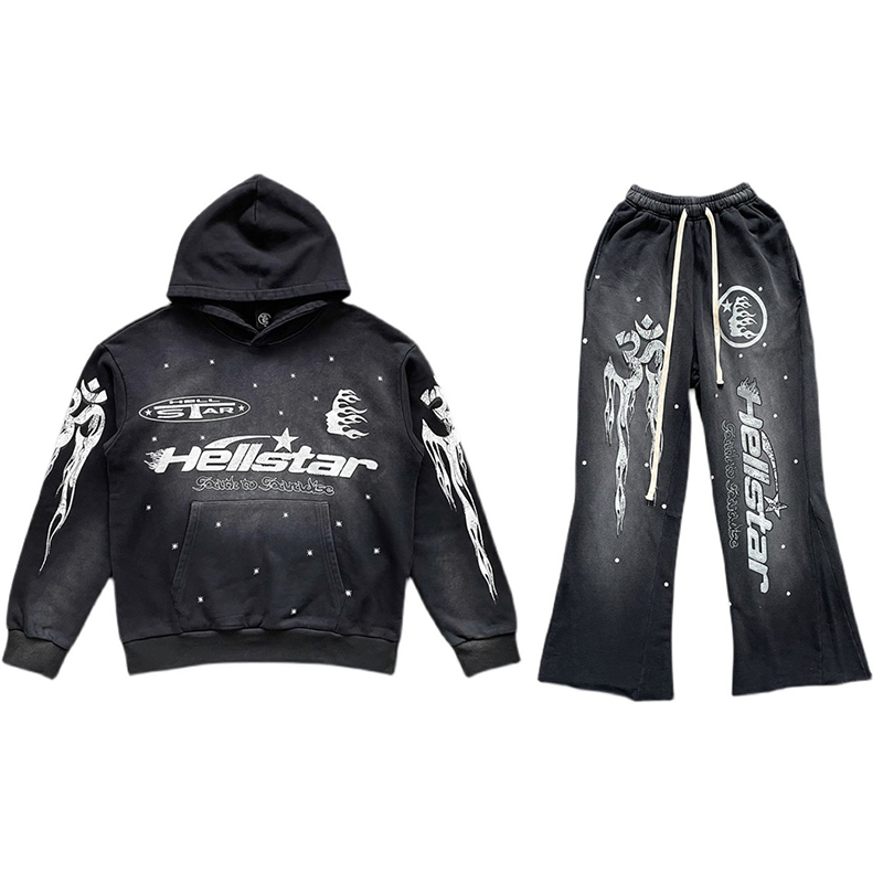 Hellstar flare black flame pants hoodie洗水拼接长裤卫衣套装-图3