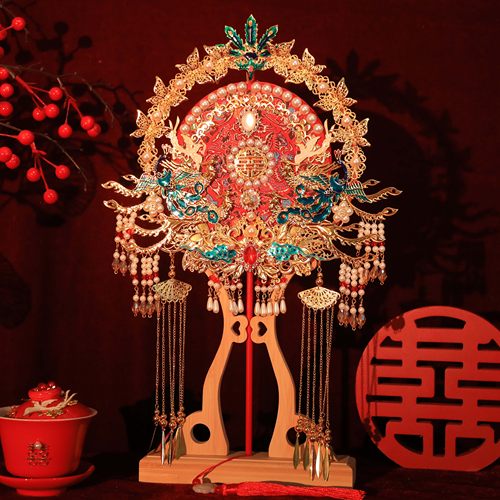 团扇新娘结婚diy材料包成品古风秀禾双面喜扇高级婚礼重工婚扇子 - 图0