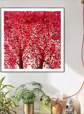 纯手绘油画抽象肌理油画客厅装饰画餐厅中国红色正方形树叶挂画