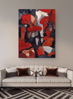 美式手绘油画《朝夕顺意》现代黑红抽象画客厅装饰画餐厅玄关挂画