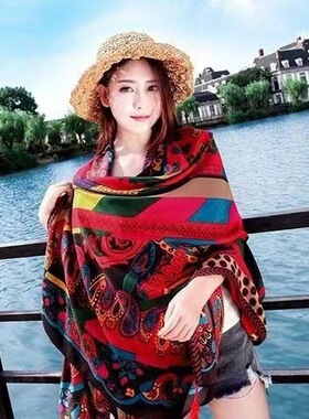 新款西藏茶卡盐湖沙漠围巾旅游拍照丝巾女民族风披肩外搭防晒头巾