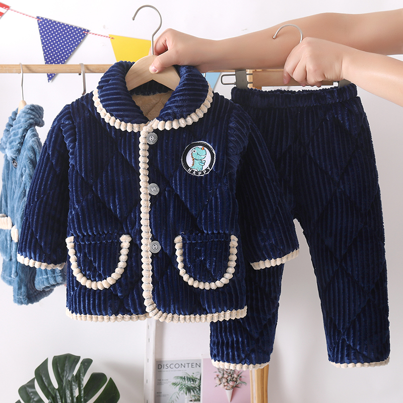 冬季儿童法兰绒睡衣男童女童宝宝三层加厚夹棉男孩珊瑚绒冬款套装 - 图1