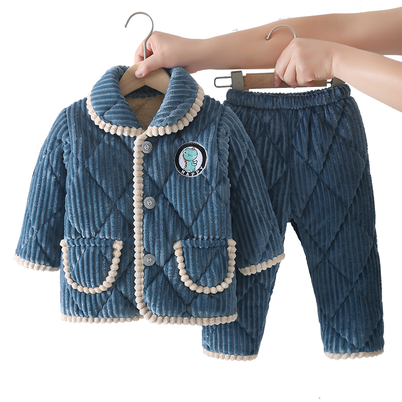 冬季儿童法兰绒睡衣男童女童宝宝三层加厚夹棉男孩珊瑚绒冬款套装 - 图3