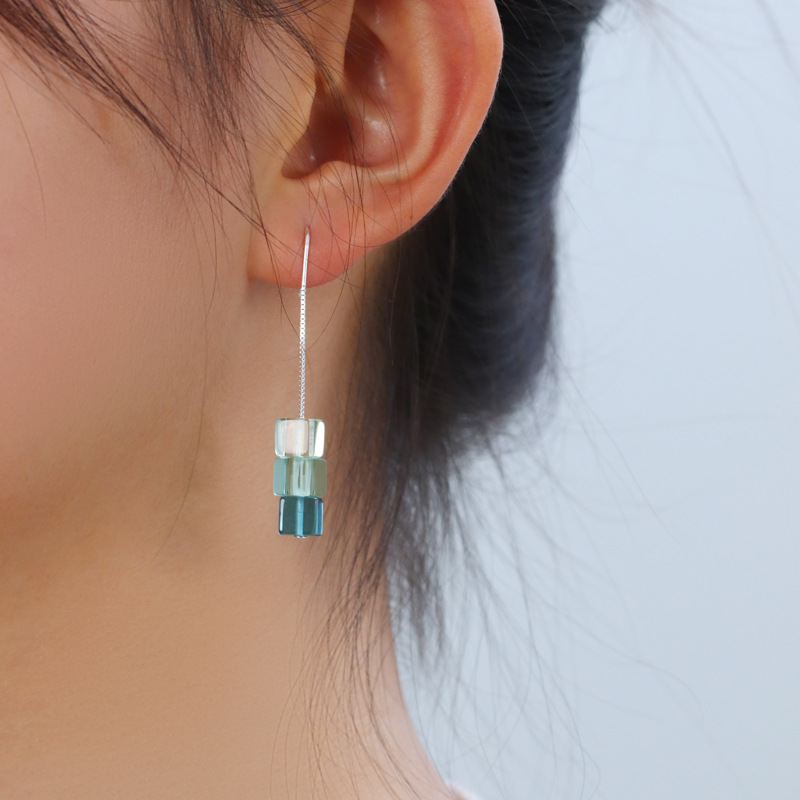 原创设计夏雨同色系渐变琉璃耳环S925纯银耳饰气质显瘦清凉感耳线 - 图0