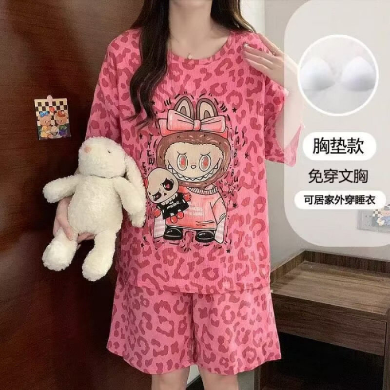 真维斯户外运动带胸垫睡衣夏短袖云朵棉卡通女孩家居服两件套外穿