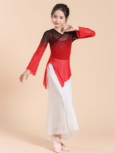 六一儿童古典舞服演出服女童中国舞练功服身韵纱衣飘逸女红色表演 - 图0