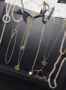 欧美长款保色防过敏水钻毛衣链