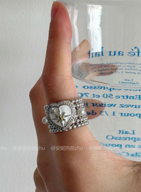 小众爱心宽版珍珠六芒星开口戒指