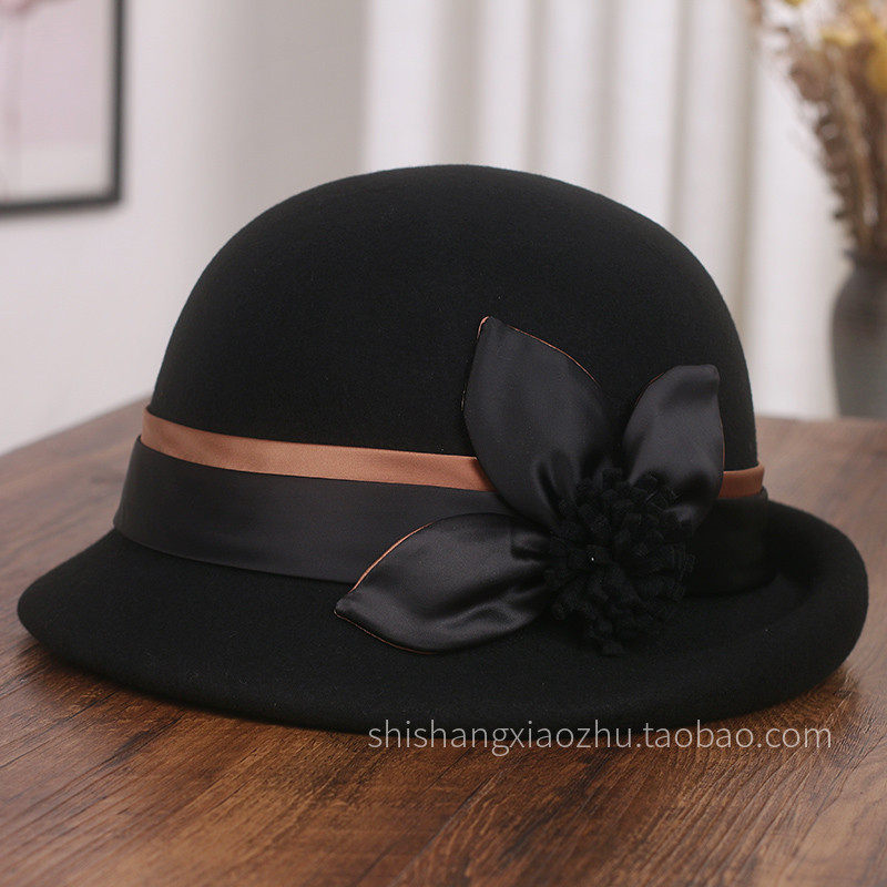 秋冬新款纯羊毛卷边礼帽女士优雅复古毛呢盆帽时尚花朵保暖渔夫帽,淘宝优惠券,粉丝福利购,淘宝优惠卷