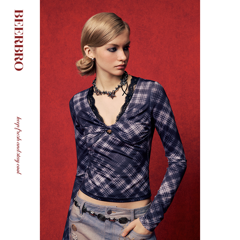BeerBro 美式辣妹收腰修身扭结V领针织衫女春秋蕾丝格子长袖上衣 - 图0