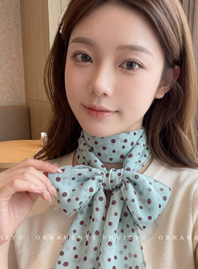 棕色波点丝巾印花高级百搭配饰系脖女2026年新款发带绑发长条围巾