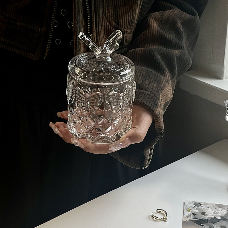 ins复古蝴蝶浮雕首饰收纳盒玻璃首饰收纳法式房间装饰品棉签盒,淘宝优惠券,粉丝福利购,淘宝优惠卷