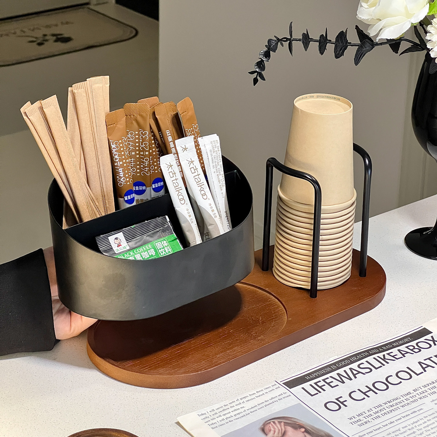 多功能一次性杯子置物架纸杯取杯器咖啡胶囊吸管收纳盒中古原木风,淘宝优惠券,粉丝福利购,淘宝优惠卷