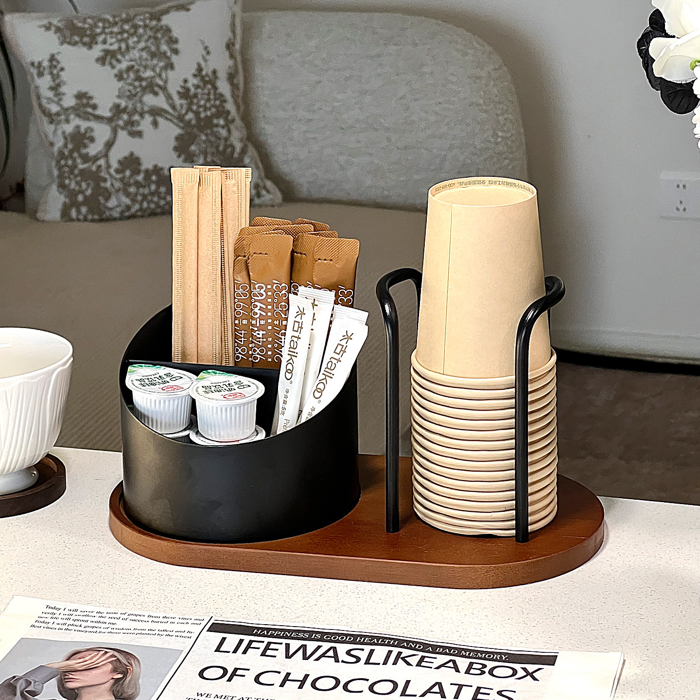 多功能一次性杯子置物架纸杯取杯器咖啡胶囊吸管收纳盒中古原木风,淘宝优惠券,粉丝福利购,淘宝优惠卷