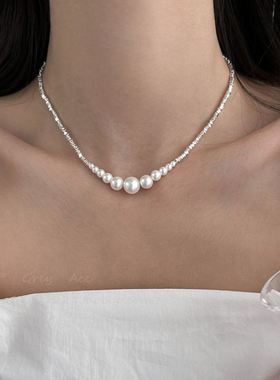 轻奢高级感满天星锁骨链施家渐变大小珍珠项链女ins网红气质百搭