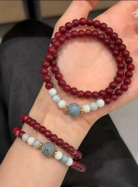 新中式双圈红珠手链禅意叠戴女款