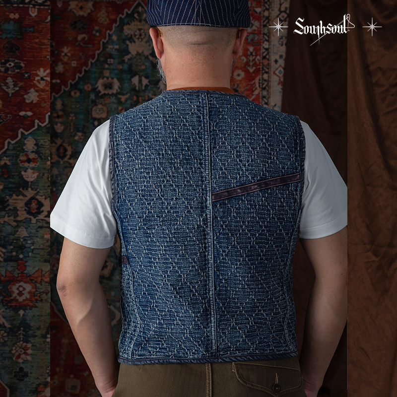 李现同款去有风的地方重磅刺子马甲蓝染单排扣水洗做旧southsoul,淘宝优惠券,粉丝福利购,淘宝优惠卷