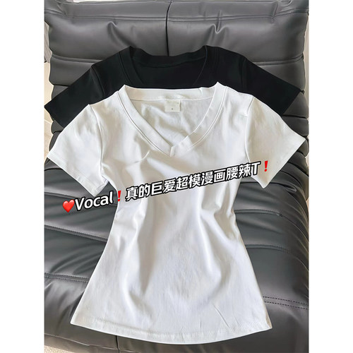设计感小众正肩V领纯棉短袖T恤女夏辣妹短款收腰修身显瘦百搭上衣 - 图3
