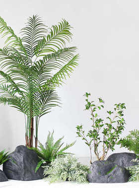 琴艺仿真花植物盆景大型绿植造景组合 装饰仿真石头楼梯转角橱窗