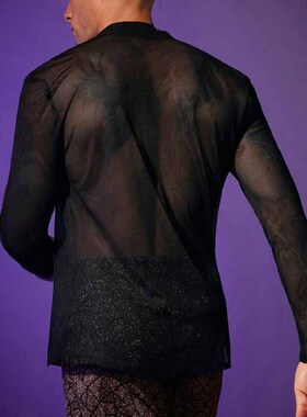 欧洲站V领性感男士网纱开衫衬衫