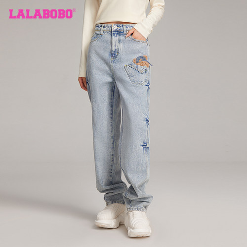 【商场同款】LALABOBO24年早秋显瘦长裤女水洗做旧新款宽松牛仔裤 - 图0