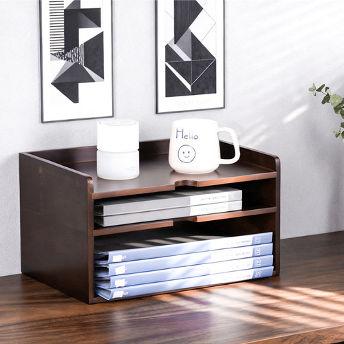 实木书架桌上置物架办公室桌面A4纸文件收纳架多层摆放简约文件框 - 图1