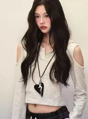 店主推~皮质爱心吊坠项链女小众设计高级感长款毛衣链个性卫衣链