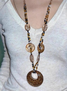 古早涩谷辣妹豹纹斑马纹串珠项链y2k亚文化椭圆锁骨链