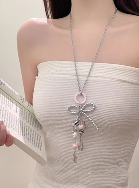 甜酷少女粉蝴蝶结钥匙吊坠长款项链音符麦克风星星毛衣链包包挂件