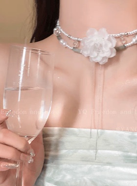 复古白色山茶花流苏颈链女轻奢感串珠双层项链choker春夏款锁骨链