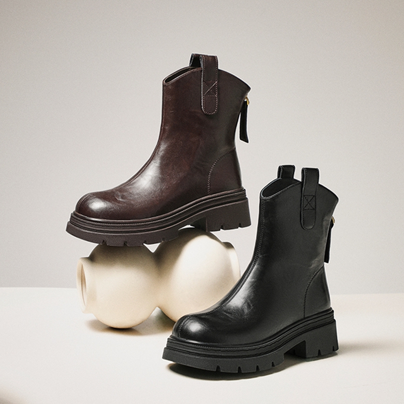 百丽2025冬季新款复古加绒弹力马丁靴厚底粗跟显瘦瘦靴短靴子E5E1 - 图0