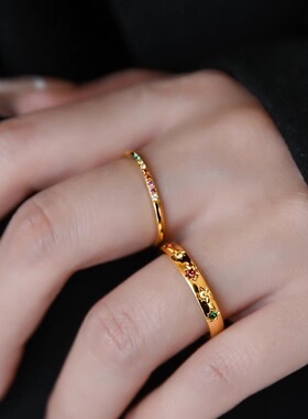 简约彩虹色镶钻钛钢镀18k金戒指女叠戴高保色指环小众设计食指环