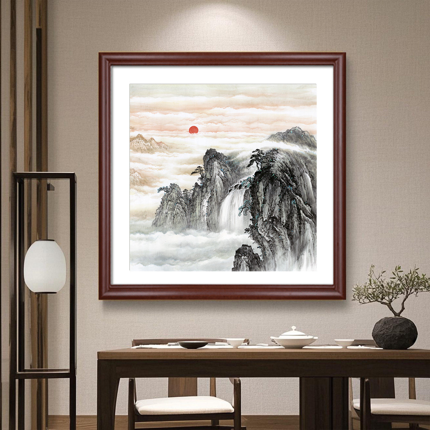 山水装饰画泰山日出壁画办公室字画客厅背景墙挂画玄关风景靠山图