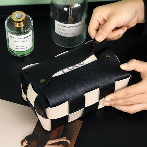 棋盘格高档黑白纸巾盒客厅轻奢餐桌抽纸盒美式皮革纸抽盒摆件纸盒 - 图3