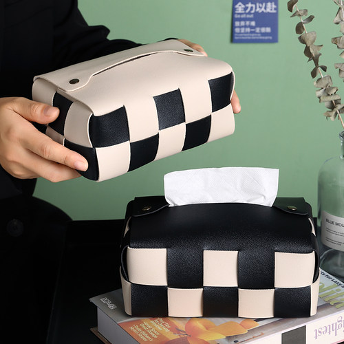 棋盘格高档黑白纸巾盒客厅轻奢餐桌抽纸盒美式皮革纸抽盒摆件纸盒 - 图0