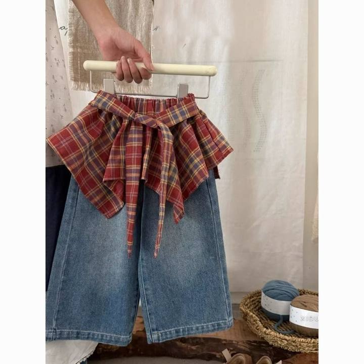女童裤子2025新款洋气小女孩超好看复古红色格纹系带屁帘牛仔裙裤,淘宝优惠券,粉丝福利购,淘宝优惠卷