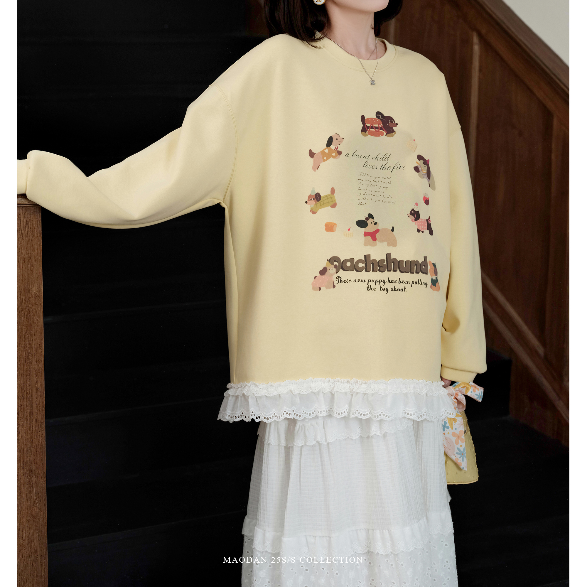 【柠檬巴克】娜娜的孕期孕妇装2025春装新款蕾丝拼接卫衣套装 - 图3