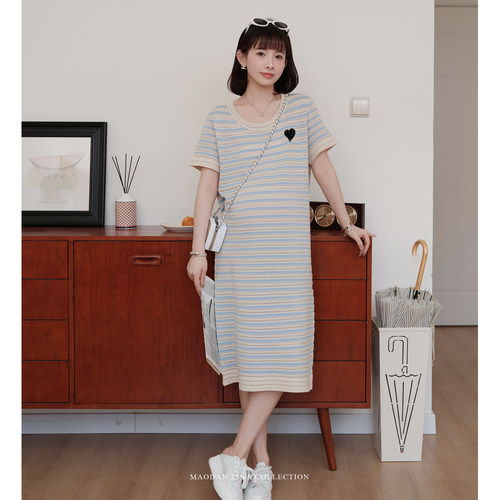 猫单【格岛2.0】娜娜的孕期穿搭孕妇连衣裙夏款宽松洋气条纹裙子 - 图0