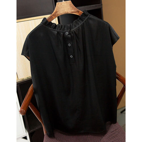 现货 前后两穿 香云纱真丝连肩袖上衣女桑蚕丝木耳边领小衫T恤夏 - 图0