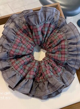 爱美饰品家韩系格纹褶皱花边双层发圈高级感小众扎发头绳肠圈女款