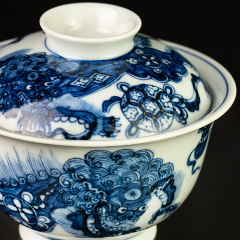 圣山仿元手绘青花双狮绣球陶瓷茶具盖碗套组景德镇手绘盖碗泡茶碗,淘宝优惠券,粉丝福利购,淘宝优惠卷