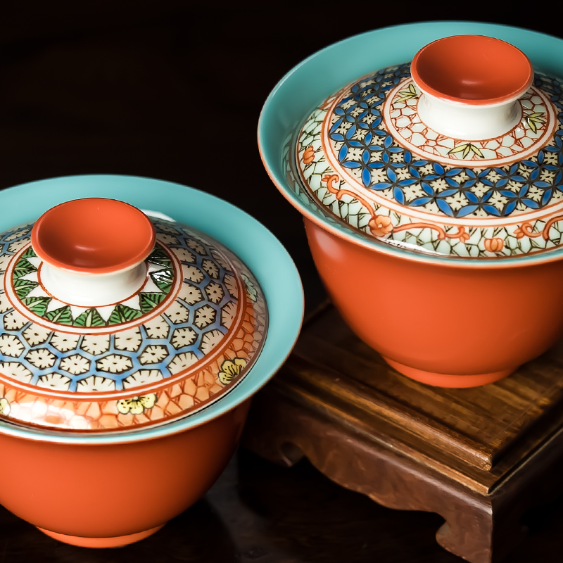 圣山原创手绘陶瓷茶具泡茶盖碗中国风仿古朱砂红古彩松石绿盖碗-图2