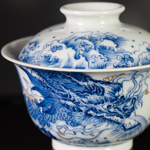 圣山景德镇仿古青花釉里红鱼化龙盖碗套组手工陶瓷茶具盖碗茶杯 - 图1